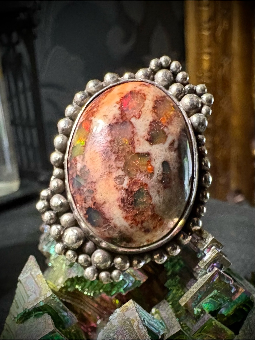 Sterling Silver Mexican Cantera Opal Bubble detail ring Artisan size 7.75